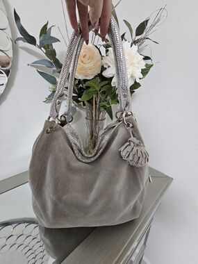 Celine Dion Suede Hobo Tote in Taupe with Snake Print Metallic Rope Handles